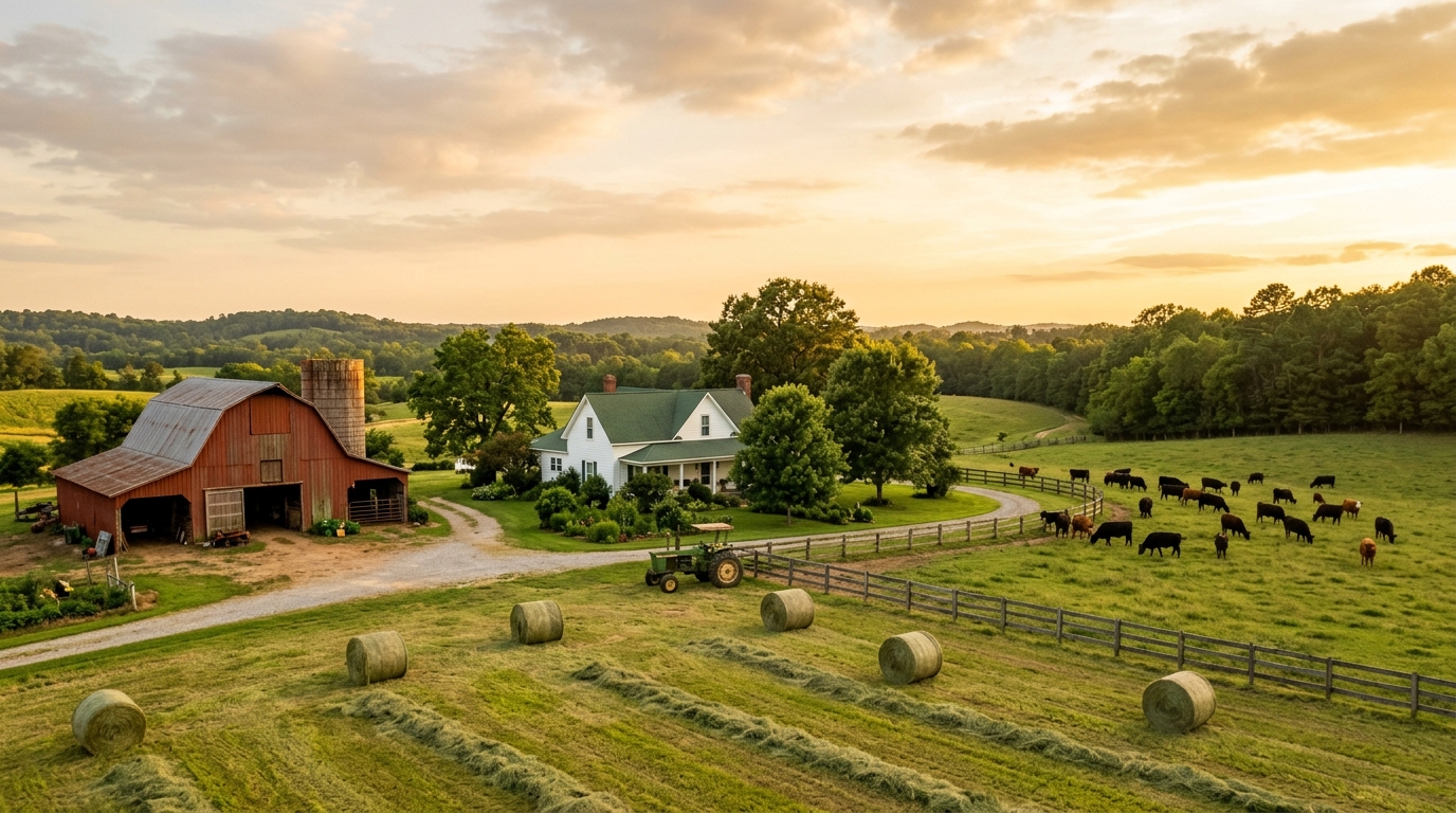North Mississippi family farm with red barn, farmhouse, tractor, hay bales, and grazing cattle