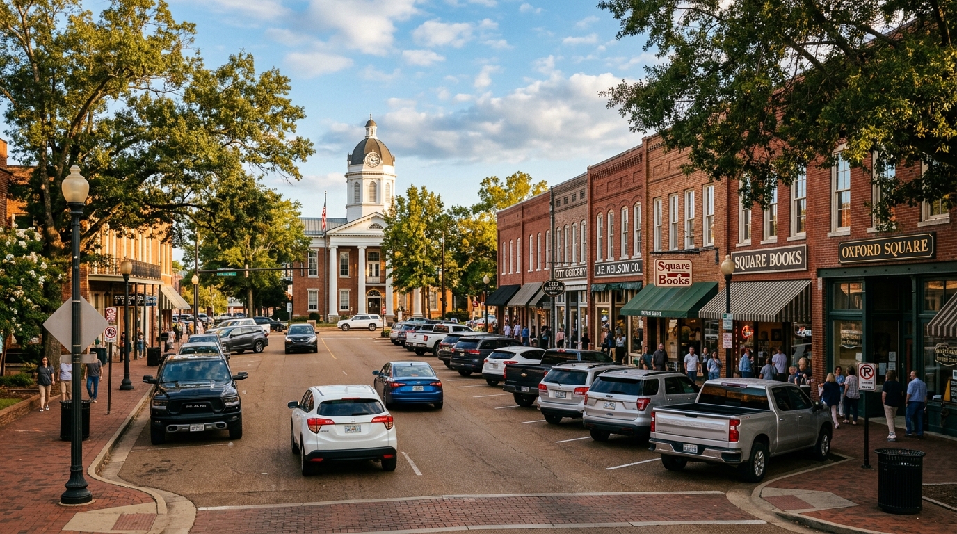 Cars and traffic on the historic downtown Square in Oxford, MS