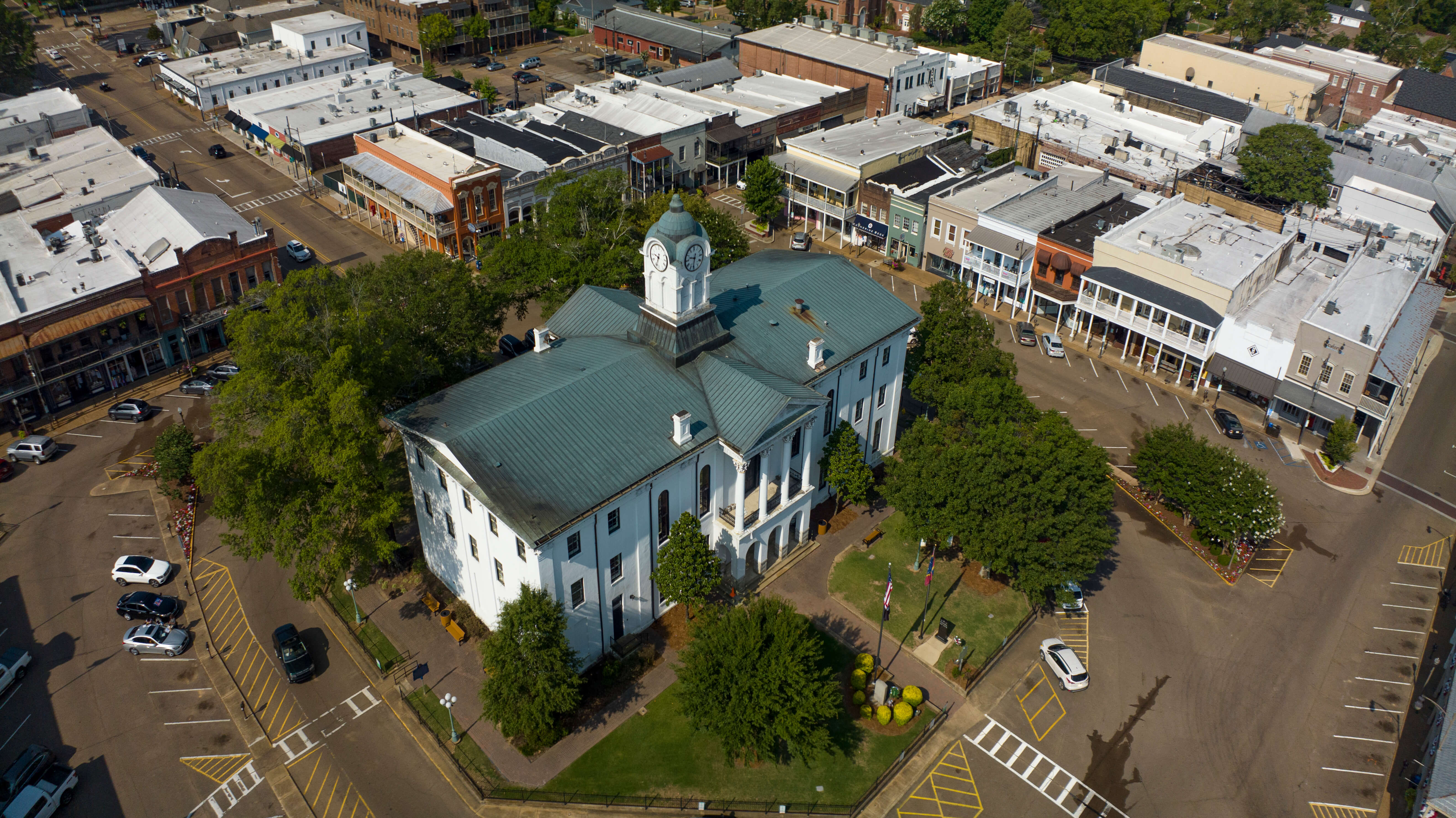 town courthouse and surrounding stores in historic ole' miss hometown of university and symbol of south